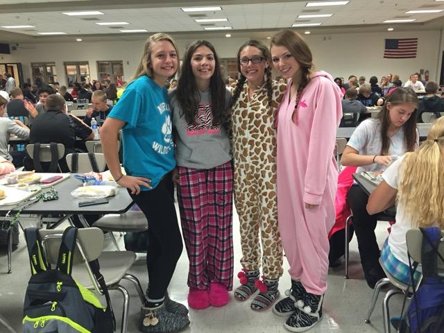 Freshmen girls; Kaylor Helm, Bekah Nielsen, Mikayla Fairfield, and Ashleigh Killian all dress up in pajamas and show their school spirit during the homecoming spirit week dress up days.