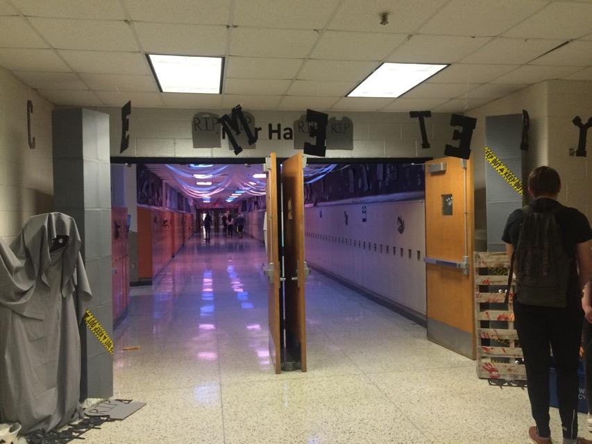 Pictured here is the entrance to the junior hallway, with a cemetery theme for the homecoming week.  