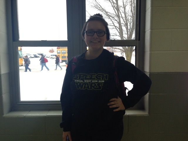 Junior Abby Schuneman wearing the Star Wars inspired sweatshirt of the Normal West speech team.