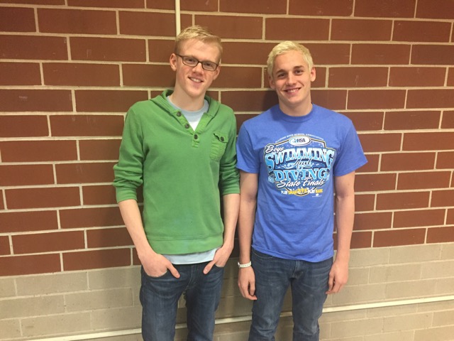 NCWHS seniors Andrew Loy (left) and Austin Hartke are all smiles after a victorious weekend at the IHSA Boys Swimming State Series. 