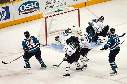 Goaltender interference results in disallowed goal during Stars/Sharks game. Photo credit by Pointnshoot