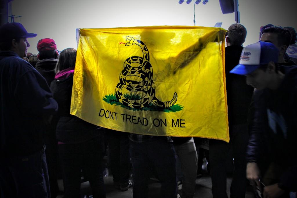 A Trump supporter raises a Gadsden flag during a campaign event in Bloomington, IL.