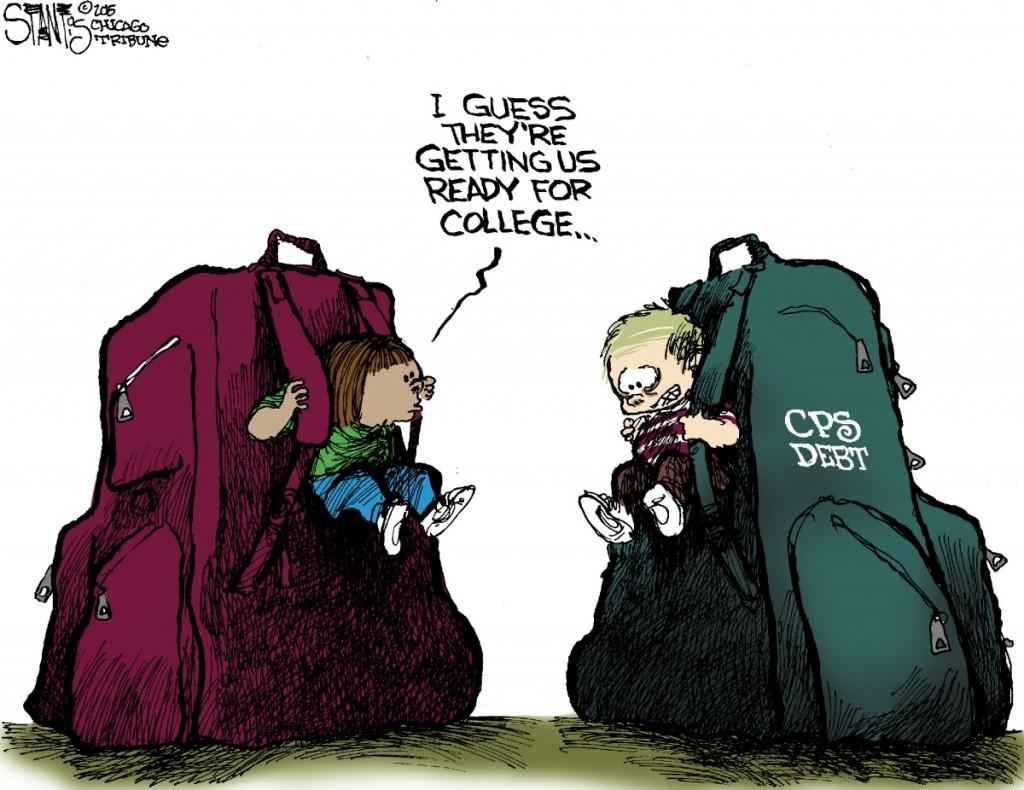 Accompanied by a Chicago Tribune editorial, this political cartoon depicts the burden that the Chicago Public School debt has on young Illinoisans. 