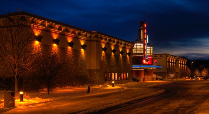 This photo shows a movie theater glowing just days before Christmas.