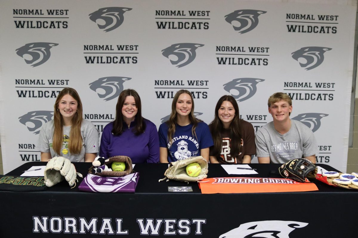 From left to right, Seniors Kenzie Fasig (softball), Emily McCandless (softball), Natalie Nenne (softball), Sydnie Hernandez (volleyball), and Blake Crancer (baseball) all are committing to play their sport at the next level. To celebrate, these West athletes officially signed their letters of intent in front of family, friends, teammates, and fans on Friday, December 1 in the West Cafeteria. Congrats to all!
