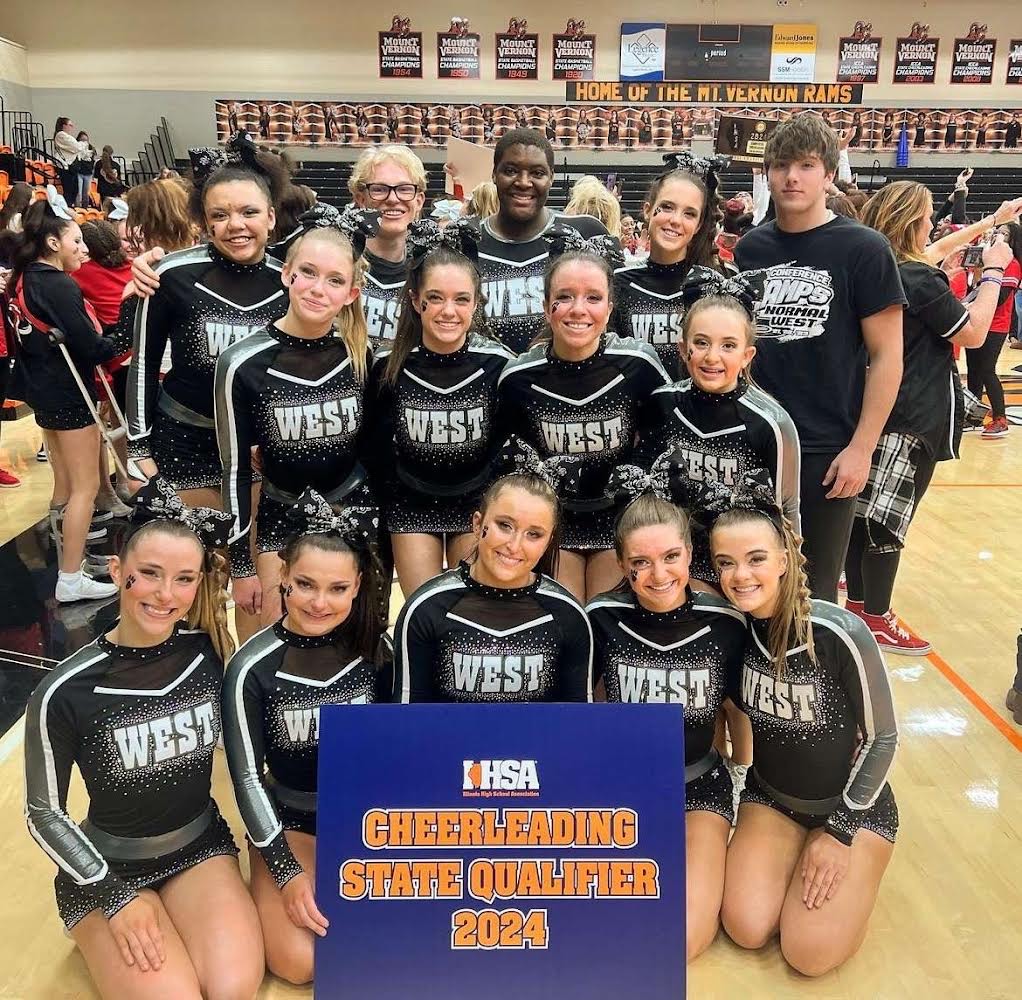 The+Normal+West+Varsity+Cheer+Squad+recently+qualified+for+the+state+competition+at+Grossinger+Motor+Arena+on+Friday+and+Saturday.