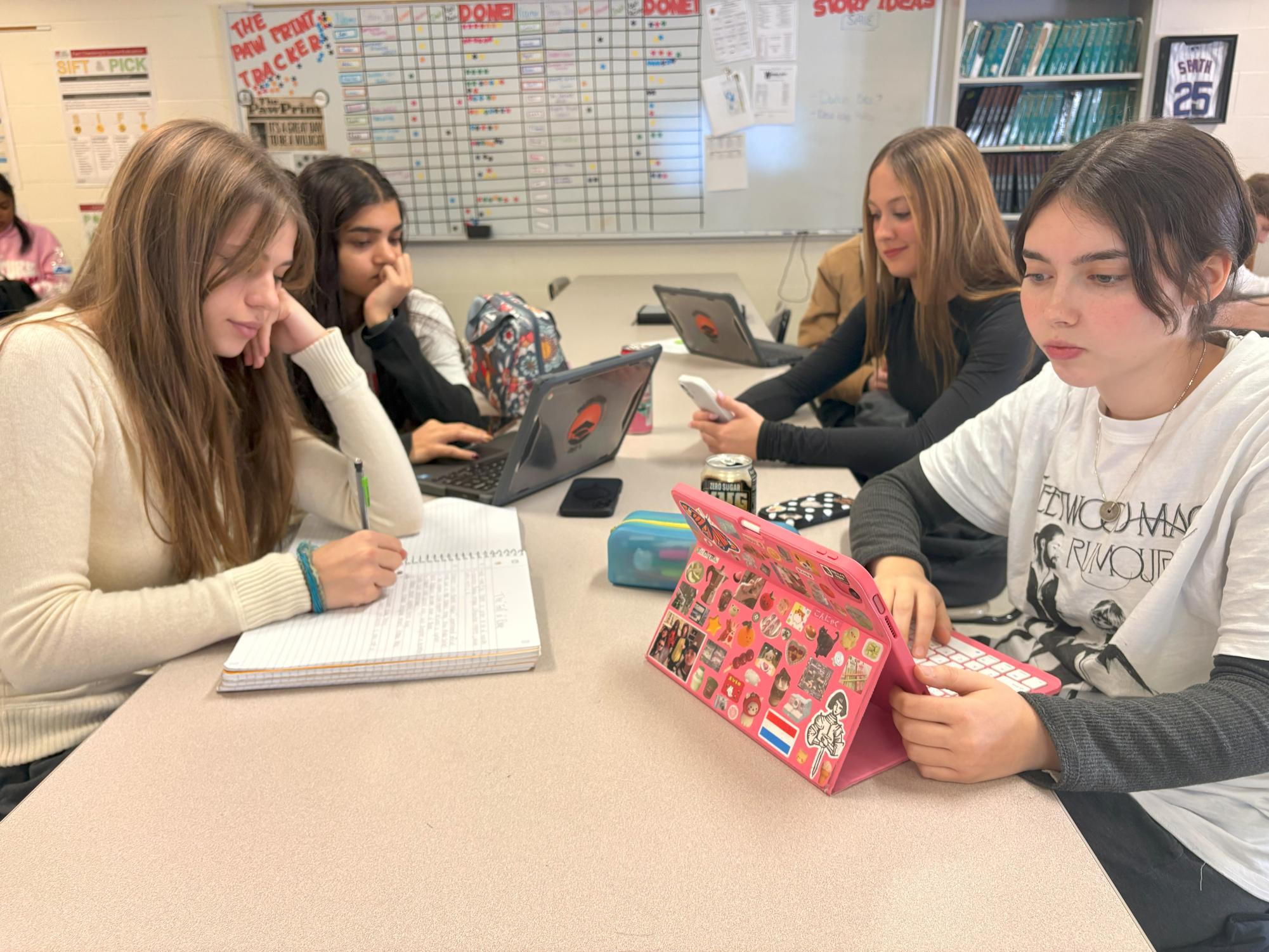 Many believe that handwriting is a dying art; however, the students and staff of Normal West have chimed in to report that it is not completely dead. Many still see the value and continue to use it when necessary. Above, seniors Aashna Patel, Raya Radoslavova, Halle Blakney, and Madi Hargus each show their own ways of taking notes.