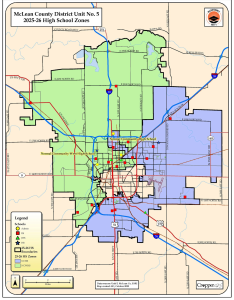 The above map shows the current districting lines for both high schools for the 2025-2026 school year.