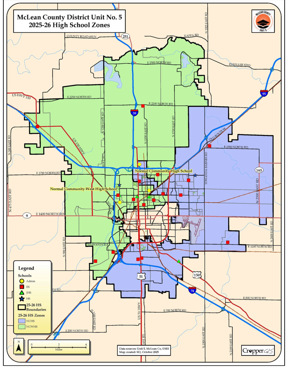 The above map shows the current districting lines for both high schools  for the 2025-2026 school year. 
