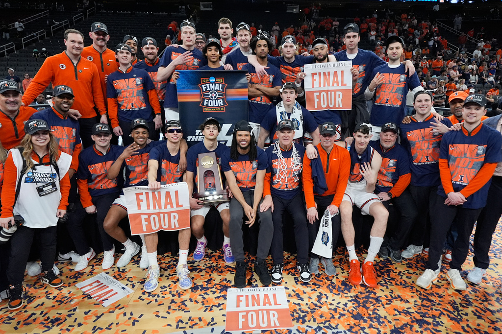The University of Illinois men's basketball team wrapped up a historic season in early April after falling to UCONN in the Final Four, held in Indianapolis, Indiana. Above the team celebrates after clinching their spot in the final four.